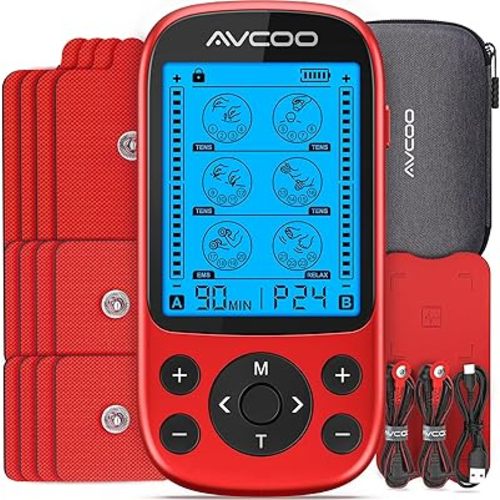 AVCOO Dual Channel TENS Unit Muscle Stimulator, 3-in-1 EMS TENS Machine with 24 Modes & 40 Levels, Rechargeable EMS Massager for Neck, Shoulder, Sciatica & Back Pain Relief with 12 Pads, EVA Case