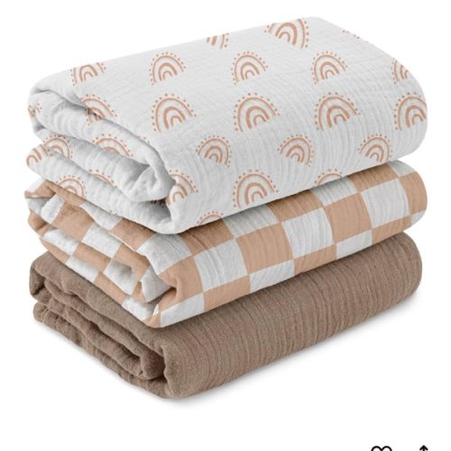 Muslin Swaddle Blankets for Newborn, 3 Pack Breathable Soft Receiving Blanket, Large 38 x 40 inches Swaddle Wrap Burping Clothes Diapers, Essentials Infant Shower Items, Toddler Gift (Rainbow & Grid)