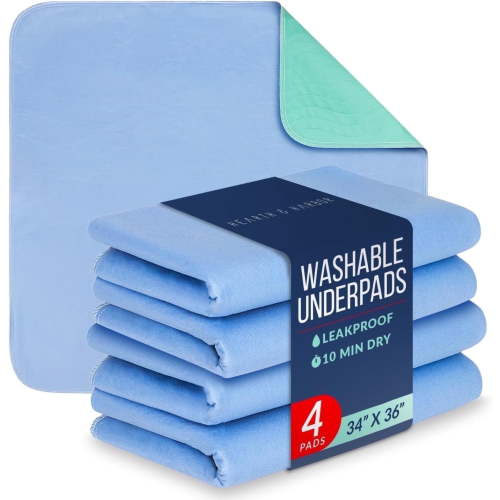 4 Pack 36” x 34” Extra Heavy Absorbency Washable Underpads, Waterproof Nursing Pads Incontinence Bed Pads, Reusable Washable Pee Pads for Dogs, Diaper Changing & Adults, Mattress Protector