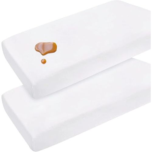 2 Pack Waterproof Pack N Play Sheets 27"x 39", Organic Cotton Mini Portable Crib Sheet with Mattress Pad Cover Protection for Playard, Stretchy Pack and Play Fitted Sheet, White