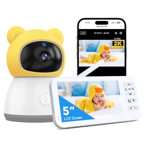 Bvavo Baby Monitor with Camera and Audio, 2K HD Smart Video Baby Camera WiFi 5" Screen, Night Vision, Temp Humidity Sensor, 2 Way Talk, Lullaby, Sleep Mode, Cry Detection, 1000ft Range, App Control
