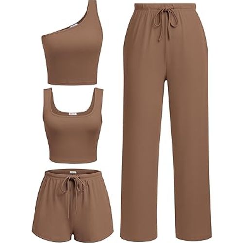 Ekouaer Womens 4 Piece Lounge Sets Ribbed Knit Crop Tank Top and Shorts Pants Casual Outfits