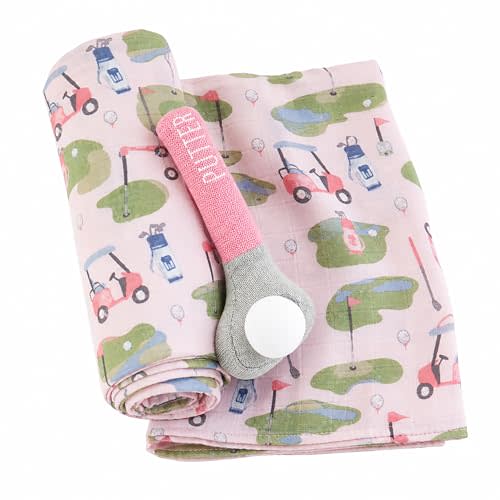 Mud Pie Pink Golf Muslin Swaddle Blanket and Putter Rattle Set, 2 Piece | Pink Golf Cart Print Muslin Swaddle Blanket, 47 by 47 Inches, with Sweater Knit Golf Putter Rattle for Baby Girls