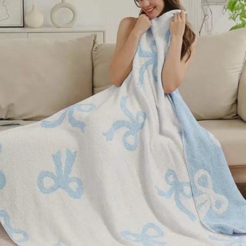 Bow Blanket Blue Bows Soft Throw Blanket Reversible Premium Cozy Fabric for Best Comfort - for Infant,Toddler,Newborn,Nursery,Girl,Throw,Crib,Stroller,Gift (Blue Bows, 50x60 in)