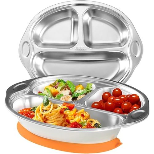 Stainless Steel Baby Suction Plates: Divided Plates for Babies & Toddlers, BPA-Free, Dishwasher Safe, Orange