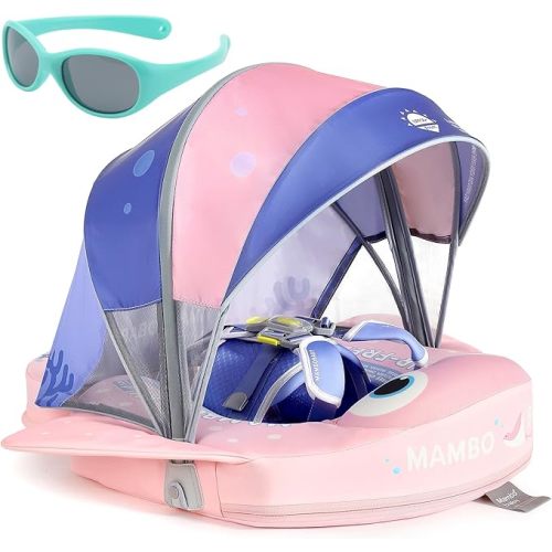 Mambobaby Float with Canopy and Tail New Upgraded Non-Inflatable Baby Pool Float Mambo Float Swim Trainer Solid Infant Swim Float Adjustable Pearl Foam Baby Swim Ring