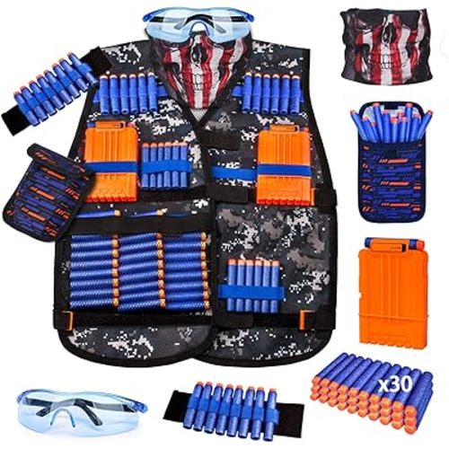 KKONES Kids Tactical Vest Kit for Nerf Guns Series with Refill Darts,Dart Pouch, Reload Clips, Tactical Mask, Wrist Band and Protective Glasses, Toys for 8 9 10 11 12 Year Boys
