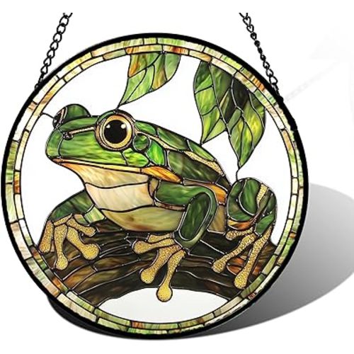 DASTOLL Stained Glass Window Hanging, Frog Green Leaf Sun Catchers Colorful Glass Panel Cool Suncatcher Decor for Birthday for Women, Men, Wife, Aunt, and Mom 6.3 in