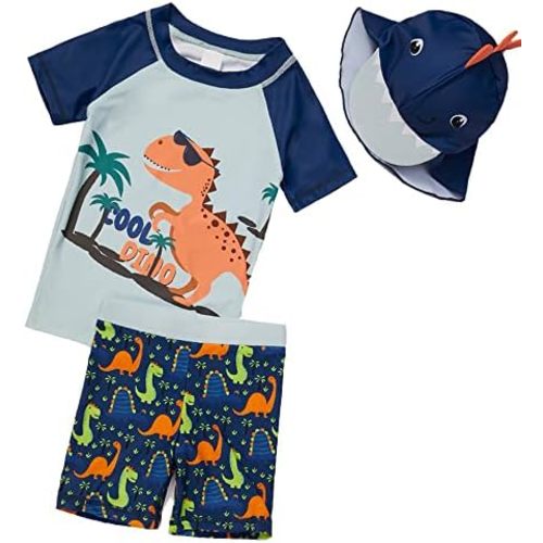 Baby Toddler Boys 3-Pieces Swimsuit Sets Blue Shark Bathing Suit Rash Guards Sunsuit Swimwear with Hat UPF 50+ FBA