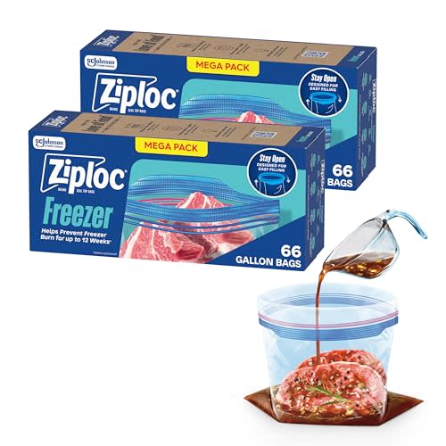 Ziploc Gallon Food Storage Freezer Bags, 132ct Total, Stand-Up Bottom, Easy to Fill, 66 Count, 2 Pack, 132 Total