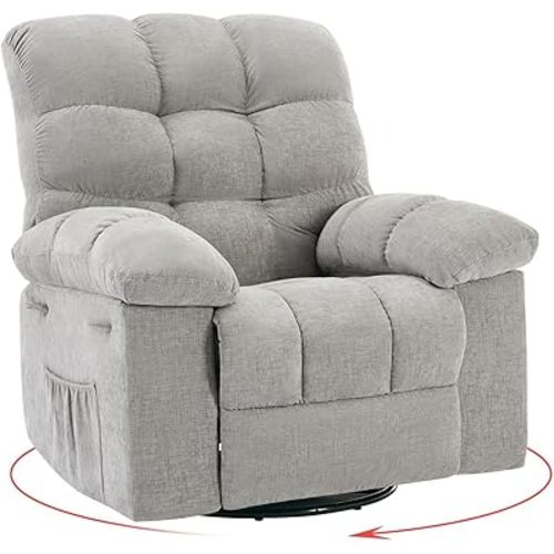 360° Swivel & Rocking Recliner Chair, Gray Fabric Upholstered Glider with Side Storage Pockets, Sturdy Q235 Steel Frame Single Seat Sofa for Living Room, Nursery, Small Apartments