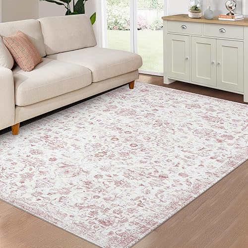 CAROMIO Area Rug 8x10 Machine Washable Rug Vintage Distressed Area Rugs Oriental Retro Floral Medallion Accent Rug Stain Resistant Non-Slip Floor Cover Carpet for Living Room Decor, Pink