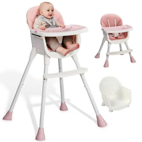 Karl Home 3-in-1 Baby High Chair Portable Adjustable Height Highchair in Pink with Safety Harness and Footrest