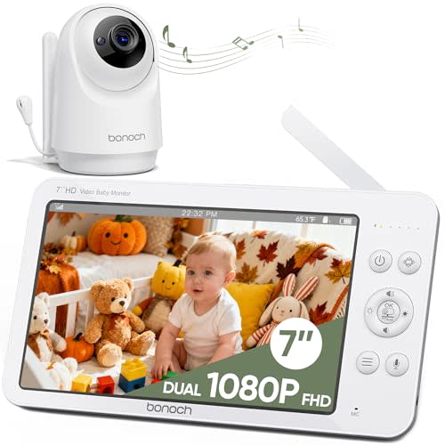 bonoch 7" Baby Monitor with Camera and Audio, Upgraded 1080P HD MegaView No WiFi Video Baby Monitor, 6000mAh Battery, VOX Mode, Night Vision, Hack Proof, Remote PTZ, White Noise, Gifts for Parents