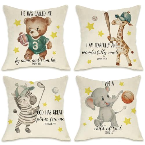 Fahrendom Baby Animals Sport Theme Decorative Throw Pillow Covers | 18x18 Set of 4, Religious Bear Giraffe Zebra Elephant Kids Room Pillowcase, Bible Verse Nursery Playroom Couch Cushion Case