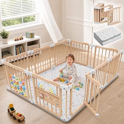 Foldable Wooden Baby Playpen with Mat, 10-Panel, 73.2 x 50 x 24 in