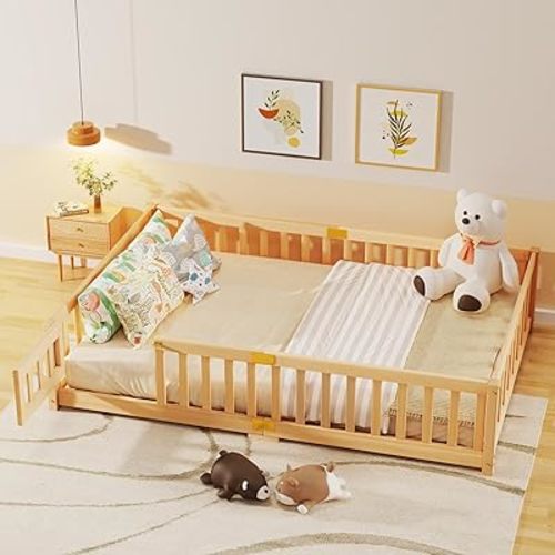 Full Toddler Floor Bed, Montessori Floor Bed with Rails & Lockable Door, Full Size Kid Beds for Toddlers 1-3 Years Old - Natural Wood