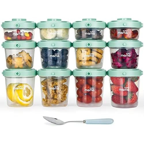 SUPERMAMA Stackable Baby Food Containers 12 Set(2/4/7oz), Baby Food Storage Containers with Airtight Lids, Baby Food Jars Freezer Safe, Easy to Store & Keep Fresh, Microwave Safe, BPA Free, Green