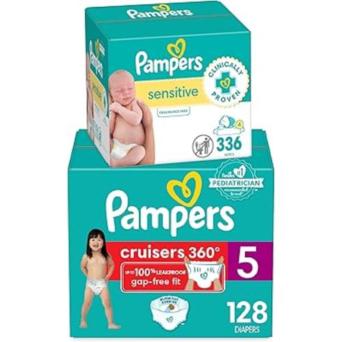 Diapers Size 5, 128 Count and Baby Wipes - Pampers Pull On Cruisers 360° Fit Baby Diapers with Stretchy Waistband, ONE MONTH SUPPLY with Sensitive Wipes, 6X Pop-Tops, 336 Count (Packaging May Vary)