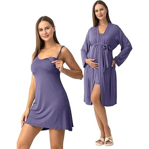 SUNNYBUY Women's Nursing Nightgown Maternity Robe Set, 3 in 1 Labor Delivery Breastfeeding Dress Postpartum Sleepwear