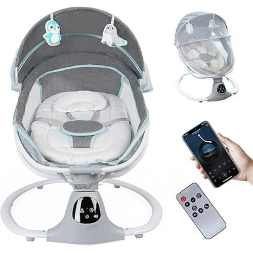 Electric Baby Swing for Infants to Toddler, Portable Swing Baby Rocker with 5 Point Harness, 5 Sway Speed, Bluetooth,12 Preset Lullabies with Remote Control, Infant Swing for Baby Boys & Girls, Grey
