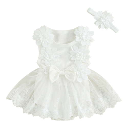 Edvintorg 0-18 Months Toddler Girl Clothes Set Summer Infant Cotton Outfits Sleeveless Skirt Baby Girl Flower Lace Bow Tie Dress Romper Hair Band Set