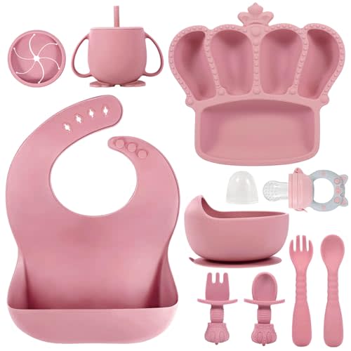 Silicone Baby Feeding Set 10 Pcs Baby Led Weaning Supplies Suction Bowl Divided Plate Baby Bibs Fruit feeder Pacifier Baby Spoons Forks Sippy Cup Utensil Sets Baby Essentials for Newborn （Deep Pink）