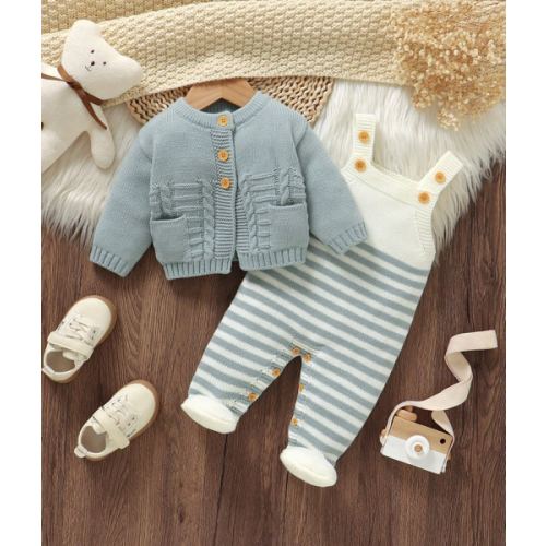 SHEIN 2pcs Newborn Baby Green Sweater Set: Round Neck Long Sleeve Cardigan With Pockets + Striped Suspender Romper | SHEIN USA