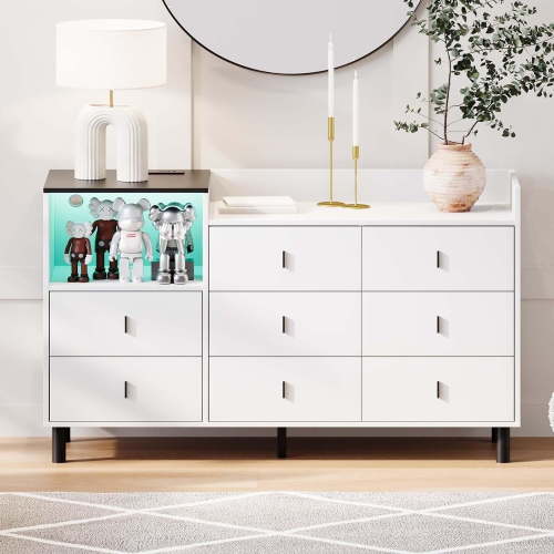 Dresser, Wooden Chest of Drawer for Bedroom, 8 Drawers Dresser with Charging Station, White