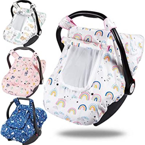 Carseat Cover Girls - Cotton Infant Car Seat Cover has Peep Windows and Breathable Mesh (Carrying Pouch for Easy Storage)- Stretchy Car Seat Covers for Babies Fit Most Baby Car Seat