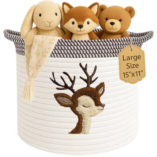 Deer Storage Basket for Nursery – Large 15”x11” Cotton Rope Bin with Soft Felt Animal Patch – Toy Organizer, Baby Laundry Hamper, Diaper & Towel Holder – Foldable, Washable & Baby-Safe