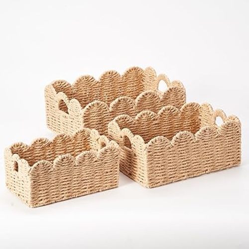 Scalloped Wicker Baskets, Set of 3 Hand-Woven Storage Baskets with Handles - Paper Rope Shelf Organizers & Decorative Baskets for Shelves, Closet, Bathroom (Beige）