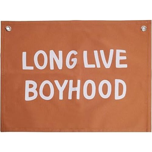 Canvas Long Live Boyhood Banner Wall Flag Wall Art for Nursery, 12"x 16" Modern Kids Room Decor Canvas Banner Brown Flag