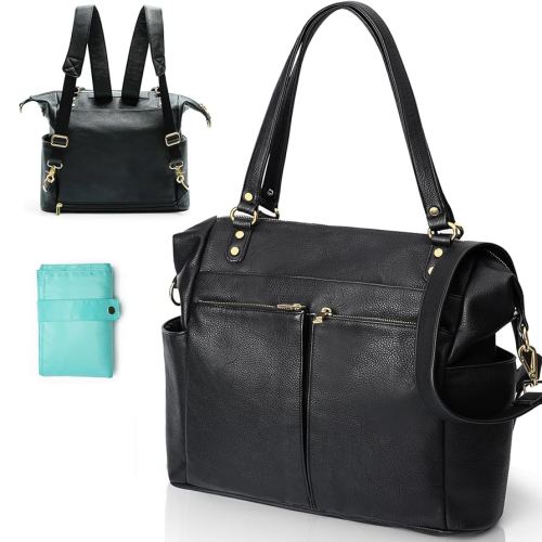 MOMINSIDE Diaper Bag Tote, Leather Diaper Bag Backpack with 14 Pockets, Convertible Baby Bag for Boys Girls, Baby Registry, Changing Pad, Large 4 Insulated Pockets(Black)