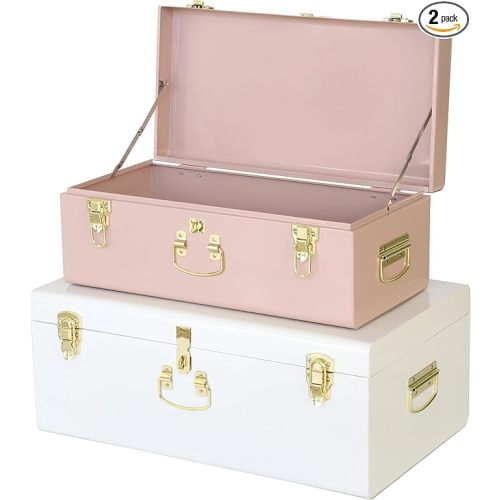 Metal Trunk Decorative Storage Box Set of 2 College Dorm Chest with Handle (Pink and White)