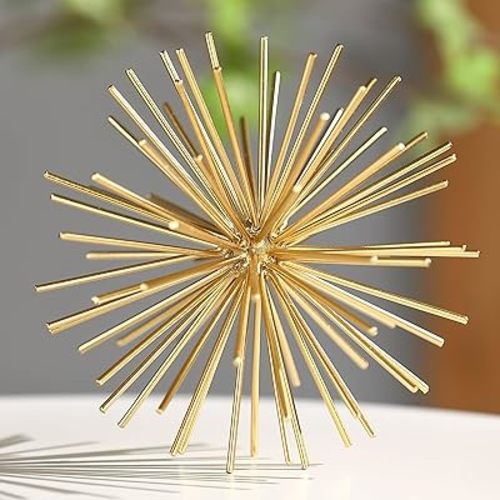Metal Decorative Starburst Ball, 6 Inch Gold Sphere Decor, Spiky Star Burst Tabletop Sculpture, Mid-Century Modern Metal Spike Ball for Home, Living Room, Office & Shelf Decor
