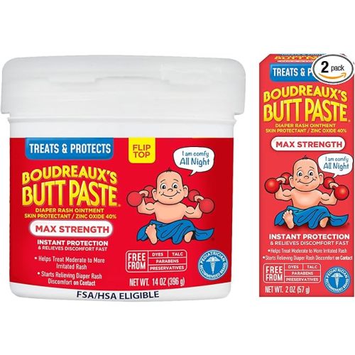 Boudreaux's Butt Paste Maximum Strength Diaper Rash Cream, Diaper Cream for Baby, Fast Relief & Overnight Protection for Moderate to More Irritated Rash, Pediatrician-Recommended, 2 oz & 14 oz