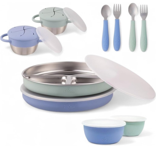 Stainless Steel Mealtime Bundle | Plates, Bowls, Snack Cups + Toddler Utensils | Suction Sleeves | Sage/MistyBlue