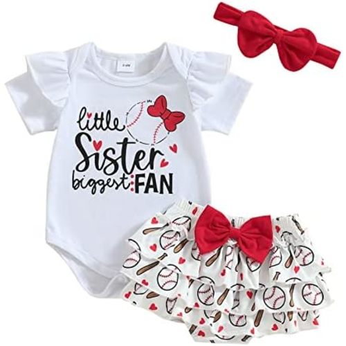 Baby Girl Baseball Outfit Short Sleeve Biggest Fan Letter Bodysuit+Bloomer Shorts with Headband 3Pcs Summer Clothes