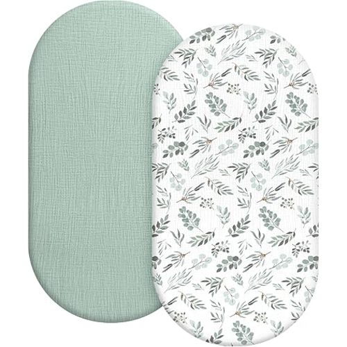 Organic Baby Bassinet Sheets 2 Pack 33”x17” 100% Muslin Cotton for Baby Girl Boy, Soft Fitted Mattress Pad Cover Compatible with Halo BassiNest Swivel Sleeper, Graco, Baby Delight, Chicco, Angelbliss