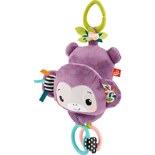 Fisher-Price Baby Stroller Toy Sing & Go Purple Monkey Musical Sensory Plush with Crinkle & Clackers for Newborns from Birth+