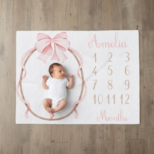 Pink Bow Wreath Monthly Milestone Velveteen Plush Blanket | Baby Monthly Photo Prop
