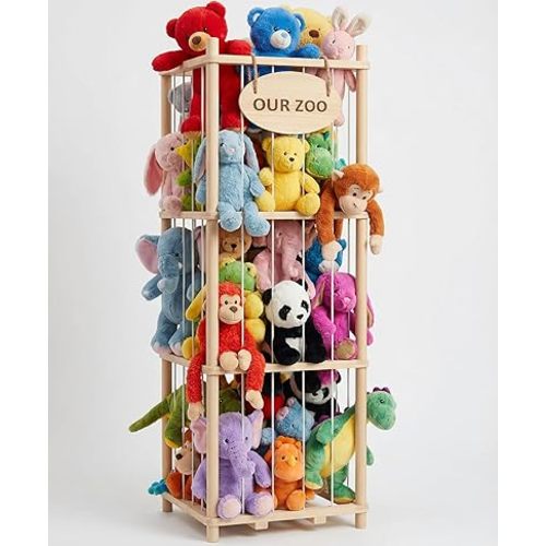 Rhyzoray Organizador de almacenamiento de animales de peluche, zoológico de juguetes de madera gruesa para sala de juegos y dormitorio, soporte grande de peluches con bonito diseño de jaula de cárcel