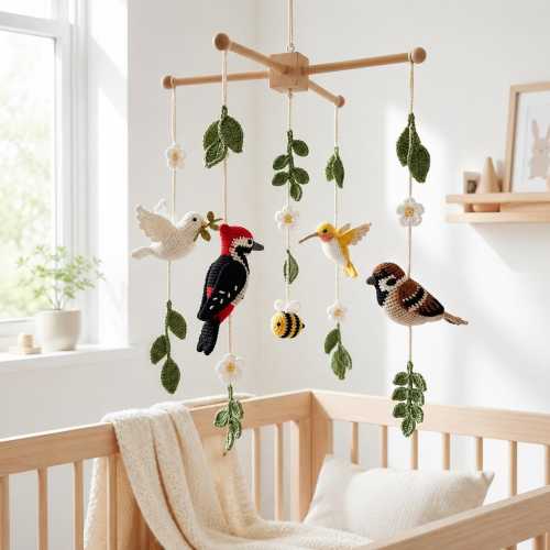 Crochet Bird Baby Mobile, Woodland Bird Crib Mobile, Dove Woodpecker Hummingbird Nursery Decor, Baby Shower Gift