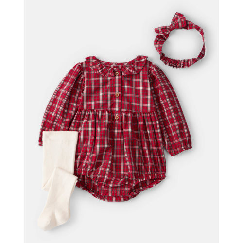 Baby Girl 3-Piece Plaid Print Long-Sleeve Bodysuit, Headwrap & Tights Set - Red - Carter's | Carter's