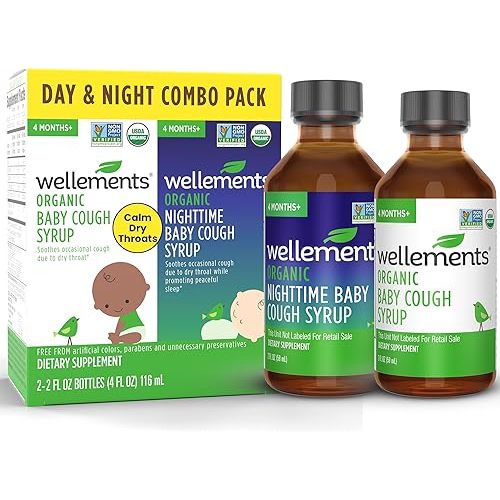 Wellements Organic Baby Cough Syrup Day & Night Value Combo Pack | Daytime & Nighttime Baby Cough Relief, Calms Dry Throats * USDA Organic | (2) 2 Fl Oz. Bottles, 4 Months+