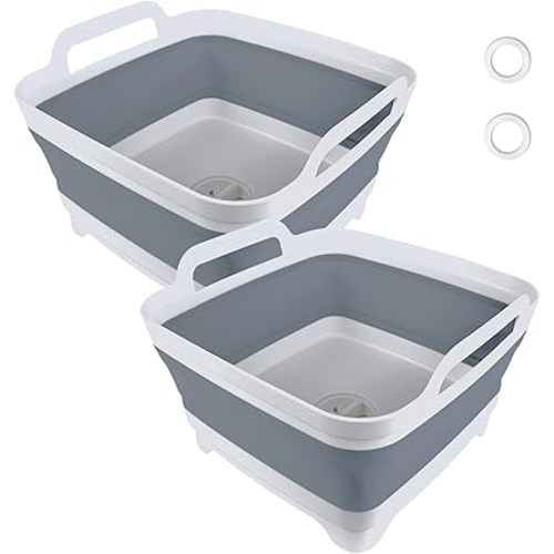 GIMWA Collapsible Wash Basin with Drain Plug - 2.4 Gallon Foldable Kitchen Sink for Baby Bottles, RV Camping, Space-Saving Dish Tub (Gray-Gray)