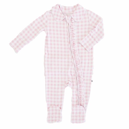 Peter Pan Collar Ruffle Zipper Footie | Rosy Gingham
