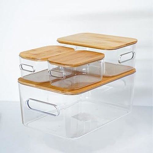 Orgaizer, Storage Bins with lid, Organizer,Storage box,Clear Plastic Storage Organizer Bins with bamboo Lids for Home Office, Kitchen, Cupboard, Pantry Shelves, Medicine Cabinet -3 size -4pcs