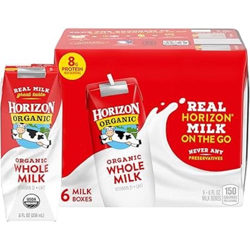 Horizon Organic Shelf Stable Whole Milk Boxes, 8 fl oz, 6 Count - 8g Protein per Serving, USDA Organic UHT from Pasture-Raised Cows, Ready to Drink for Lunchbox, Travel, or On-the-Go, No Refrigeration Needed